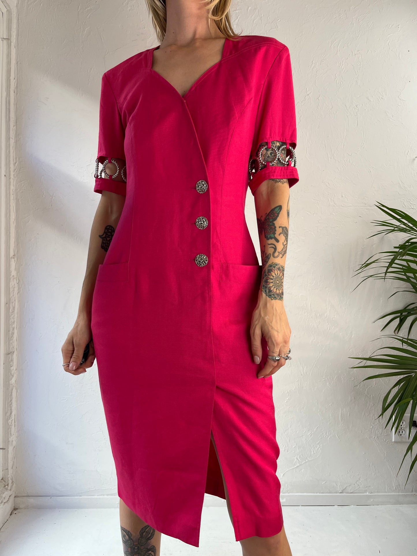 90s 'Jackie K' Made in Canada Hot Pink Button Up Mod Wiggle Dress / Small
