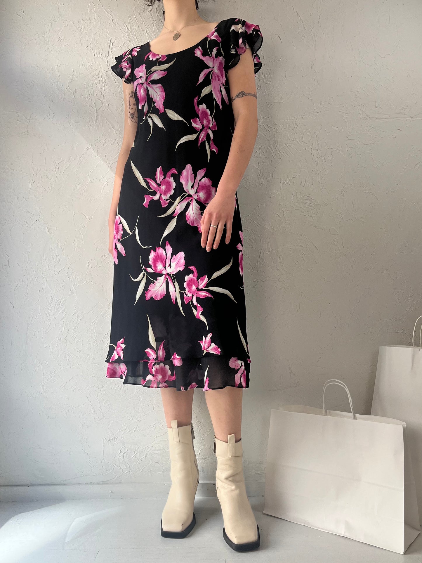 90s 'Jolibel' Black and Pink Floral Print Rayon Midi Dress / Medium