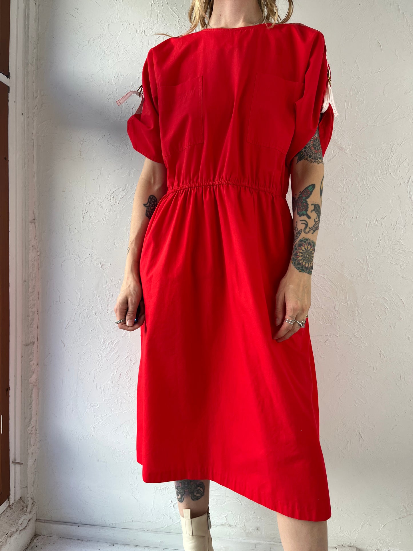 80s 'Jordache' Red Drop Shoulder Day Dress / Medium