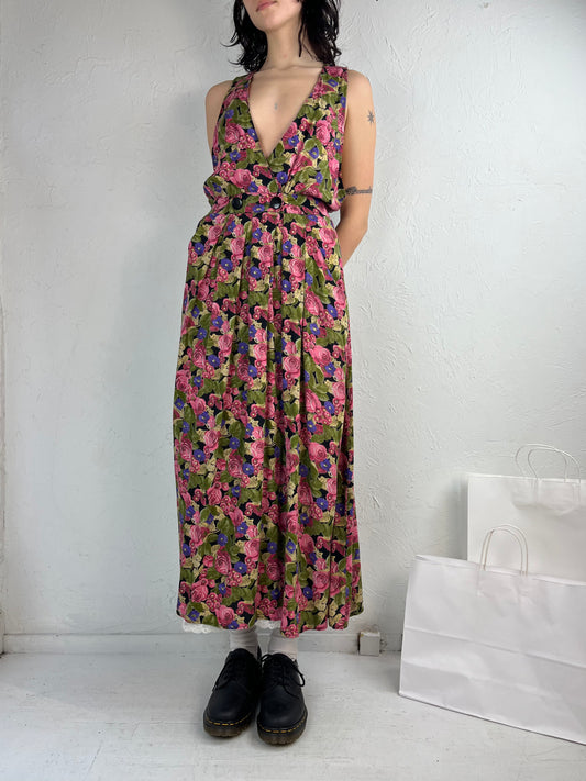 90s "R.J. Stevens" Black Floral Maxi Dress / Small