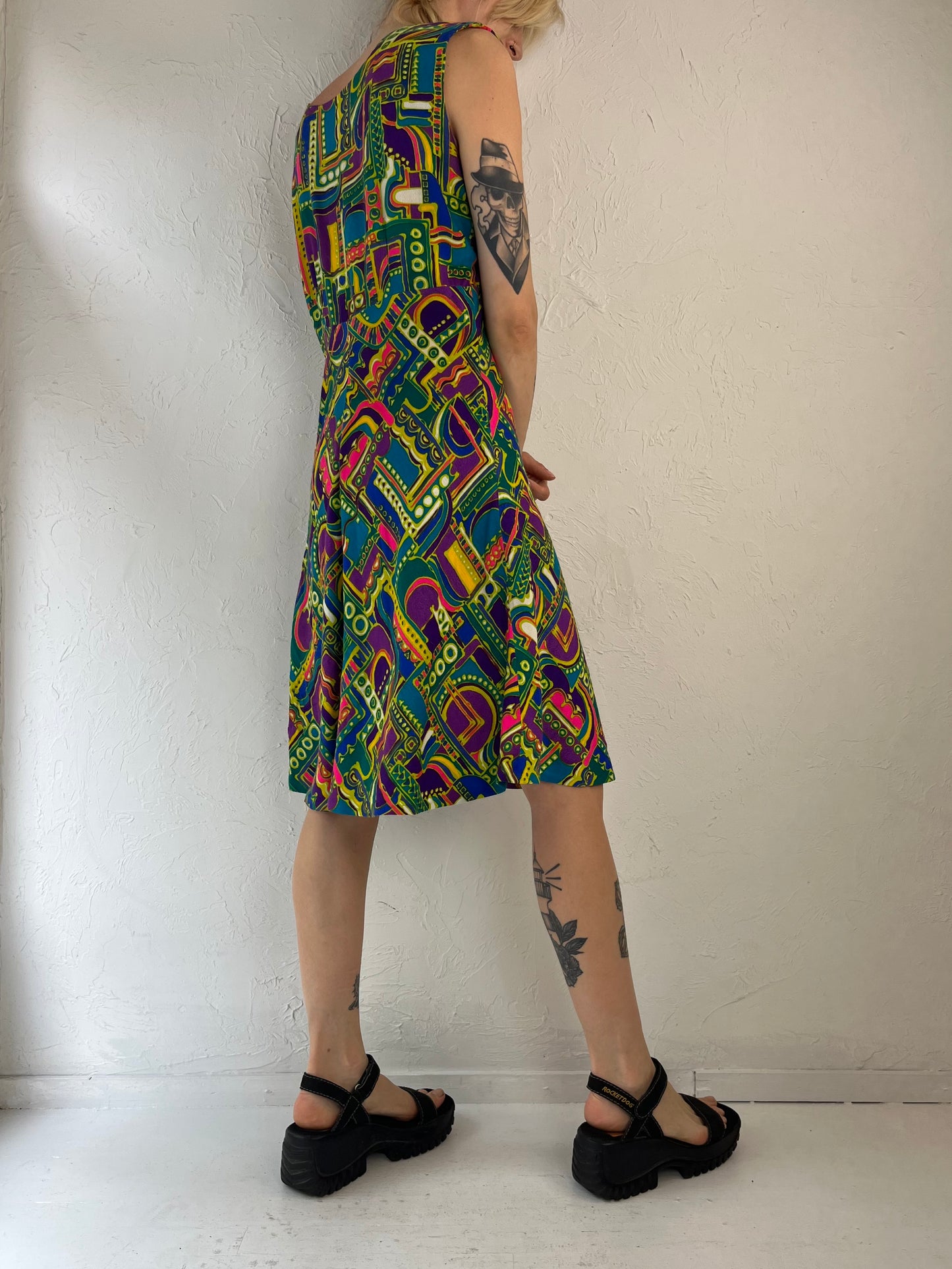 80s Jewel Tone Abstract Print Sleeveless Retro Dress / Medium