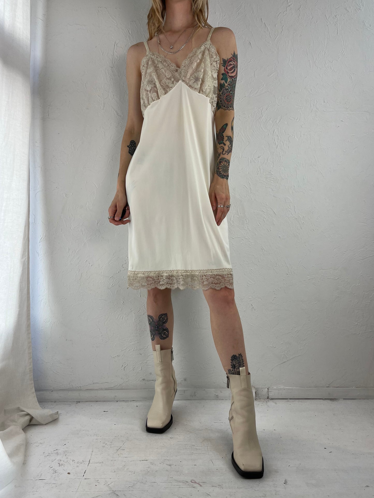 90s 'Vam Roalte' Cream Nylon Lace Slip Dress / Medium