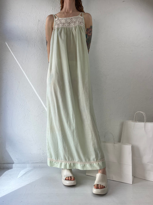 70s Pastel Green Crochet Hippie Maxi Dress / Small