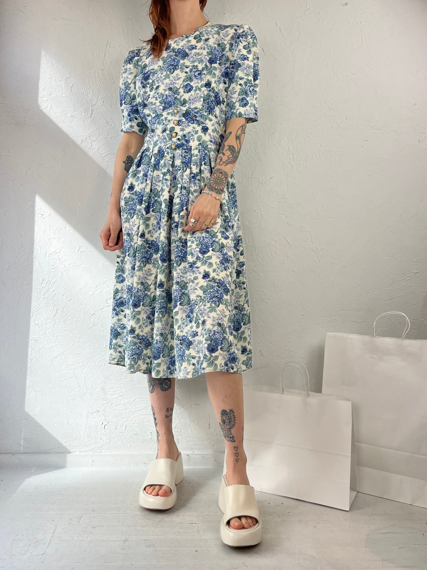 80s ' S.L Fashions' Blue Floral Crew Neck Day Dress