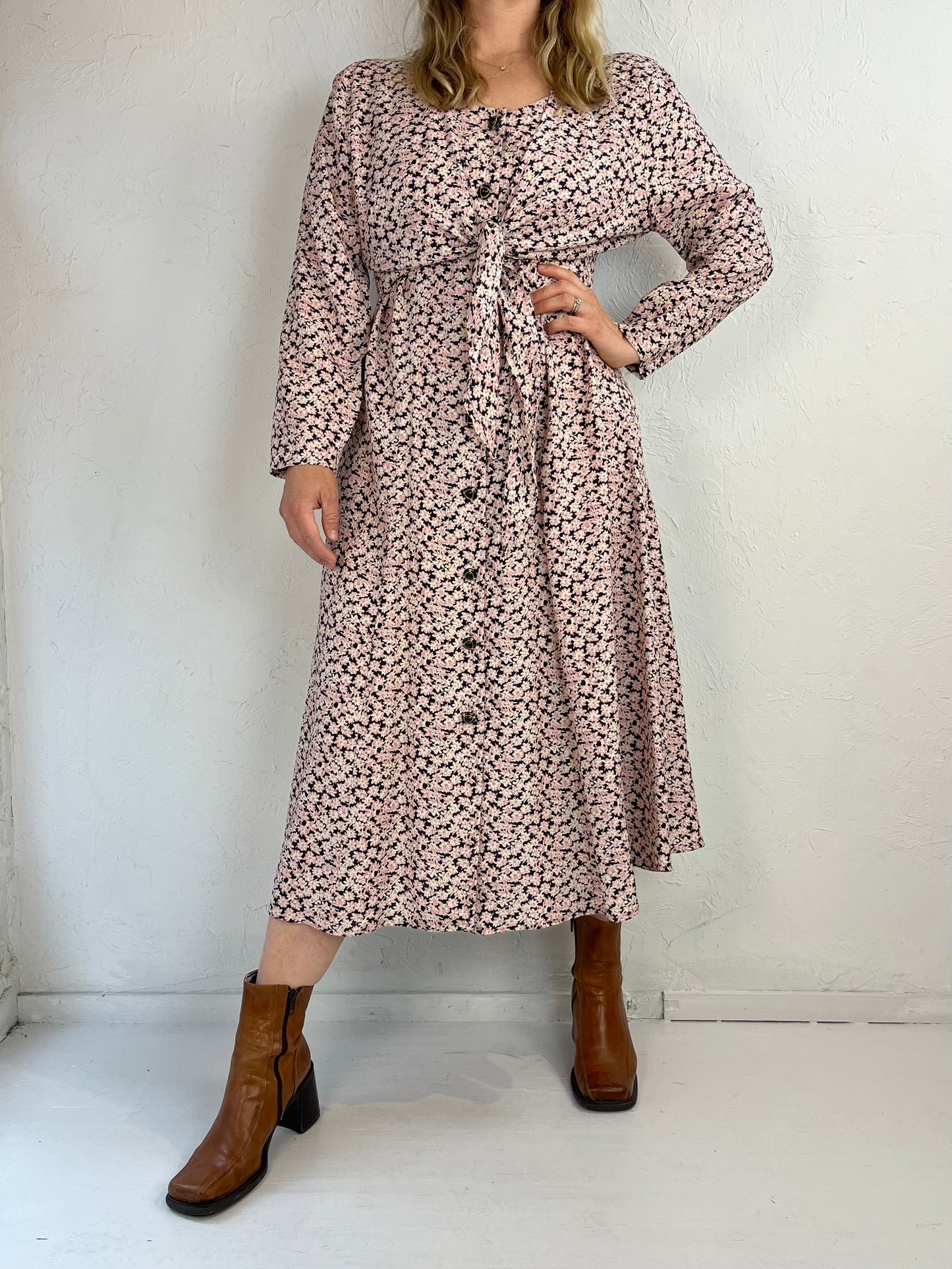 90s 'Marylin' Pink Floral Rayon Dress / Large