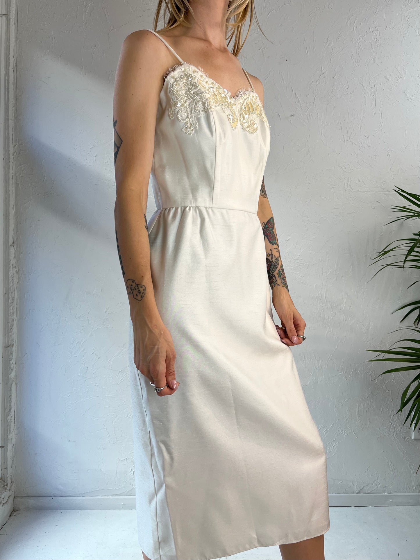 80s 'Gordon Dress' White Beaded and Sequin Lace Trimmed Cocktail Dress / Small