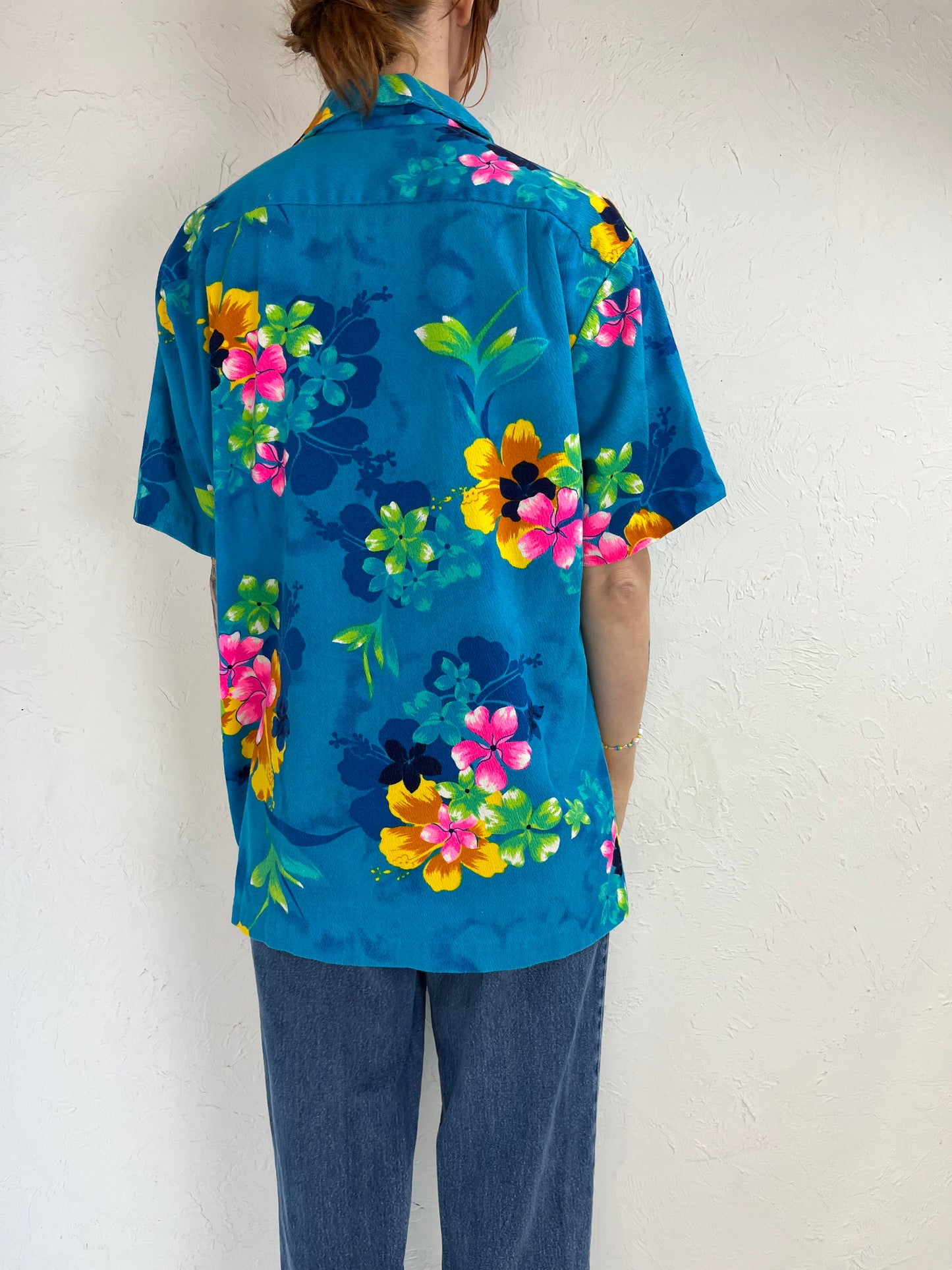70s Blue Tropical Hawaiian Button Up Shirt / Large