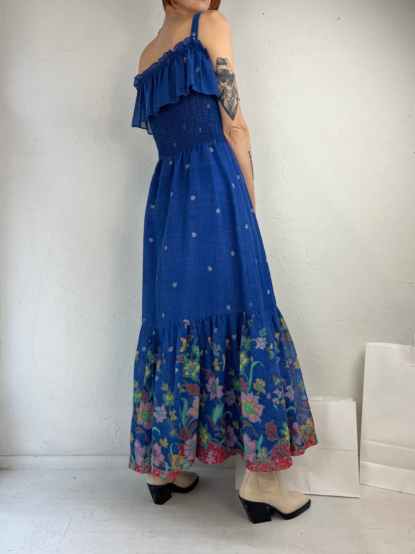 70s Blue Floral Print Peasant Dress / Small