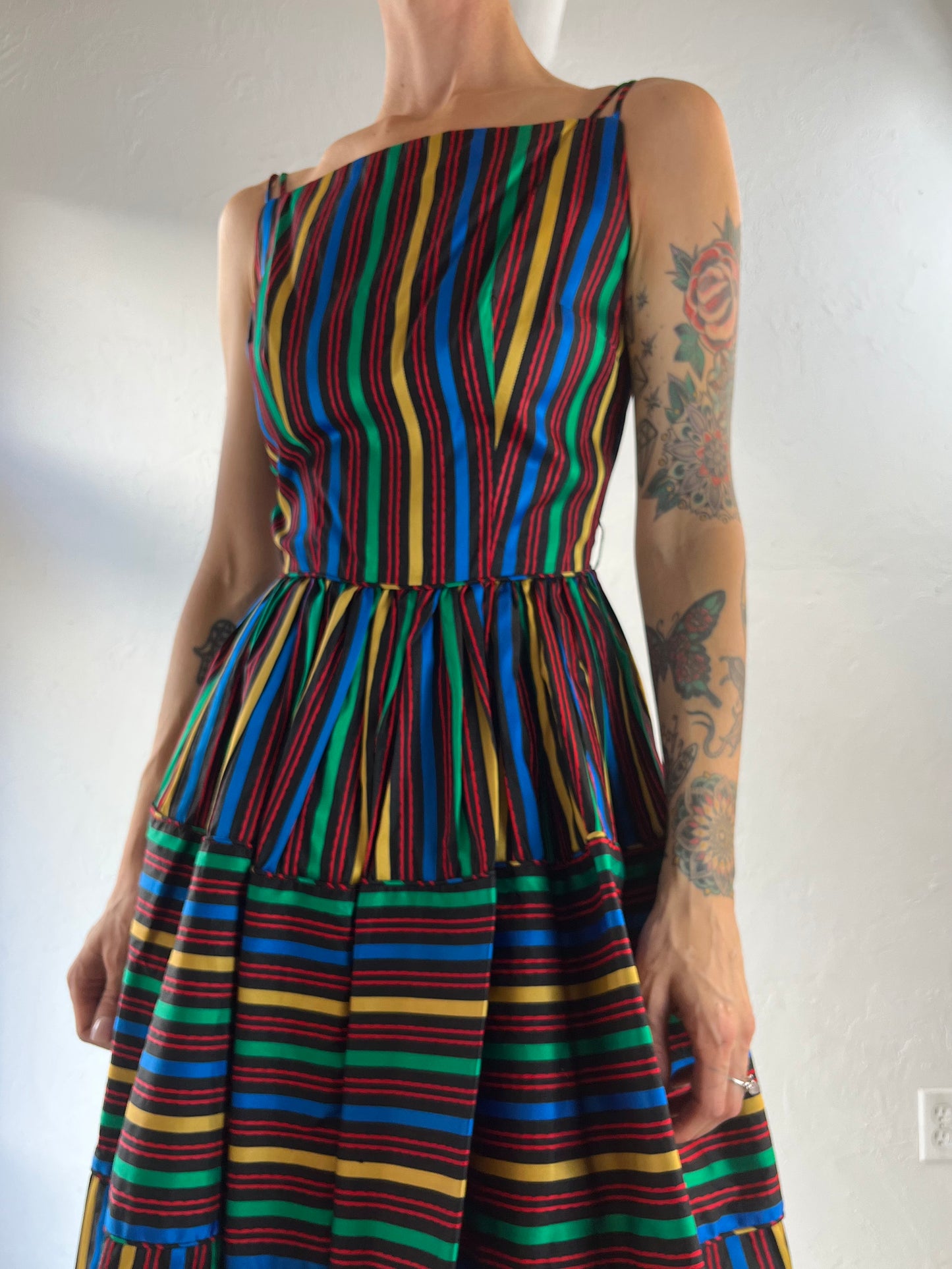 50s 60s 'Maggi Stover' Rainbow Striped Sleeveless A Line Dress / XS - Small