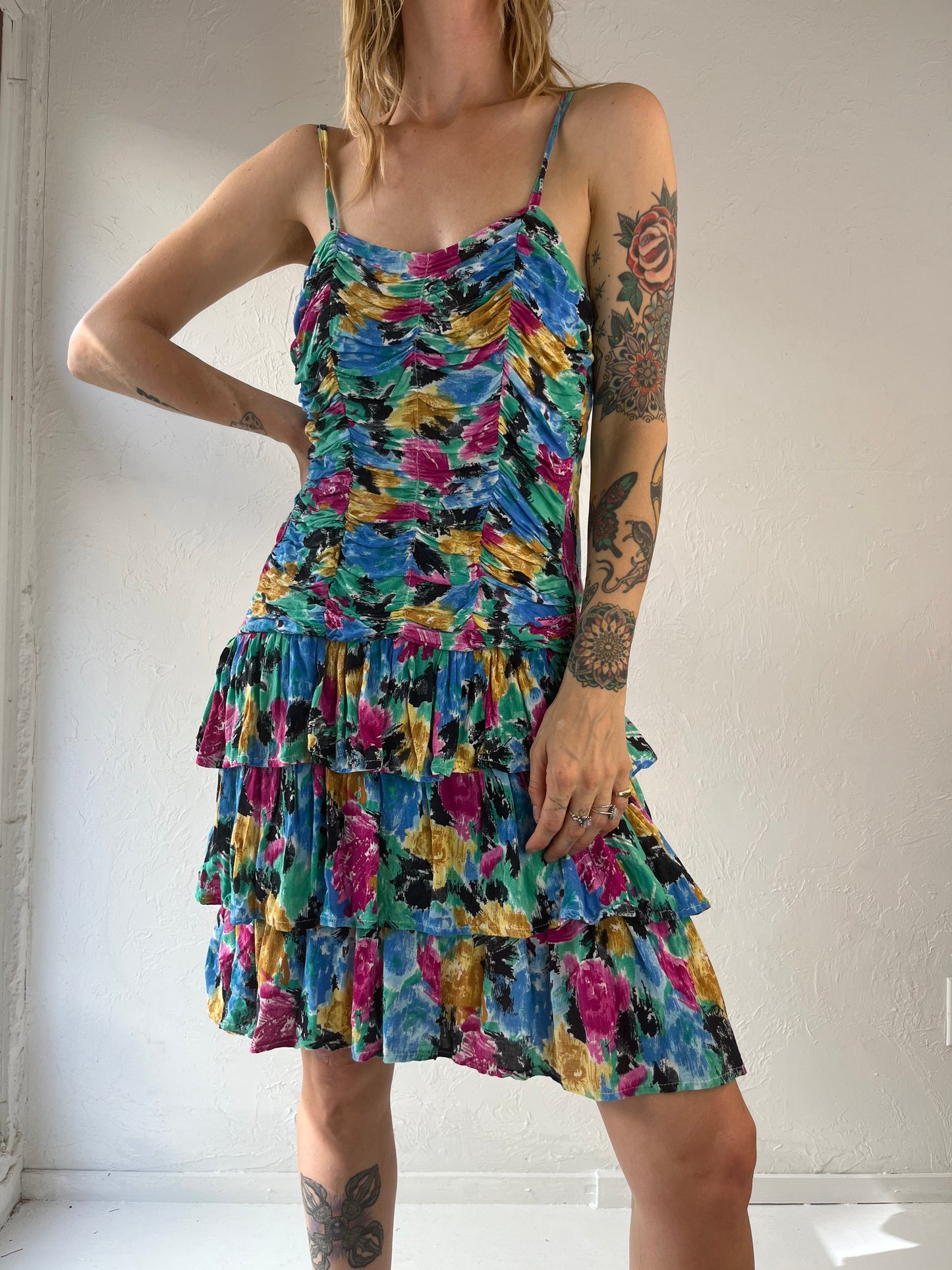 90s Rainbow Ruched Ruffle Sleeveless Dress / Medium