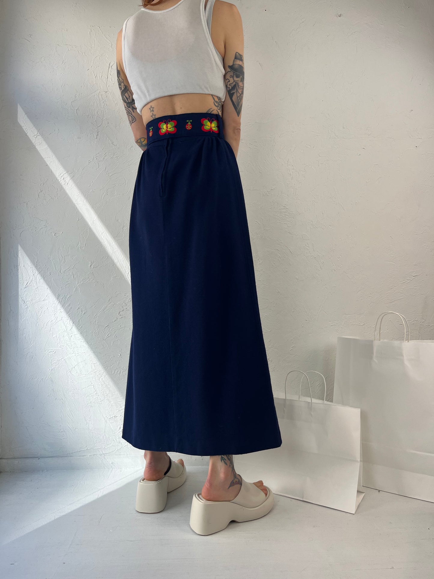 70s Navy Blue Wool Maxi Skirt w/ Belt / XS