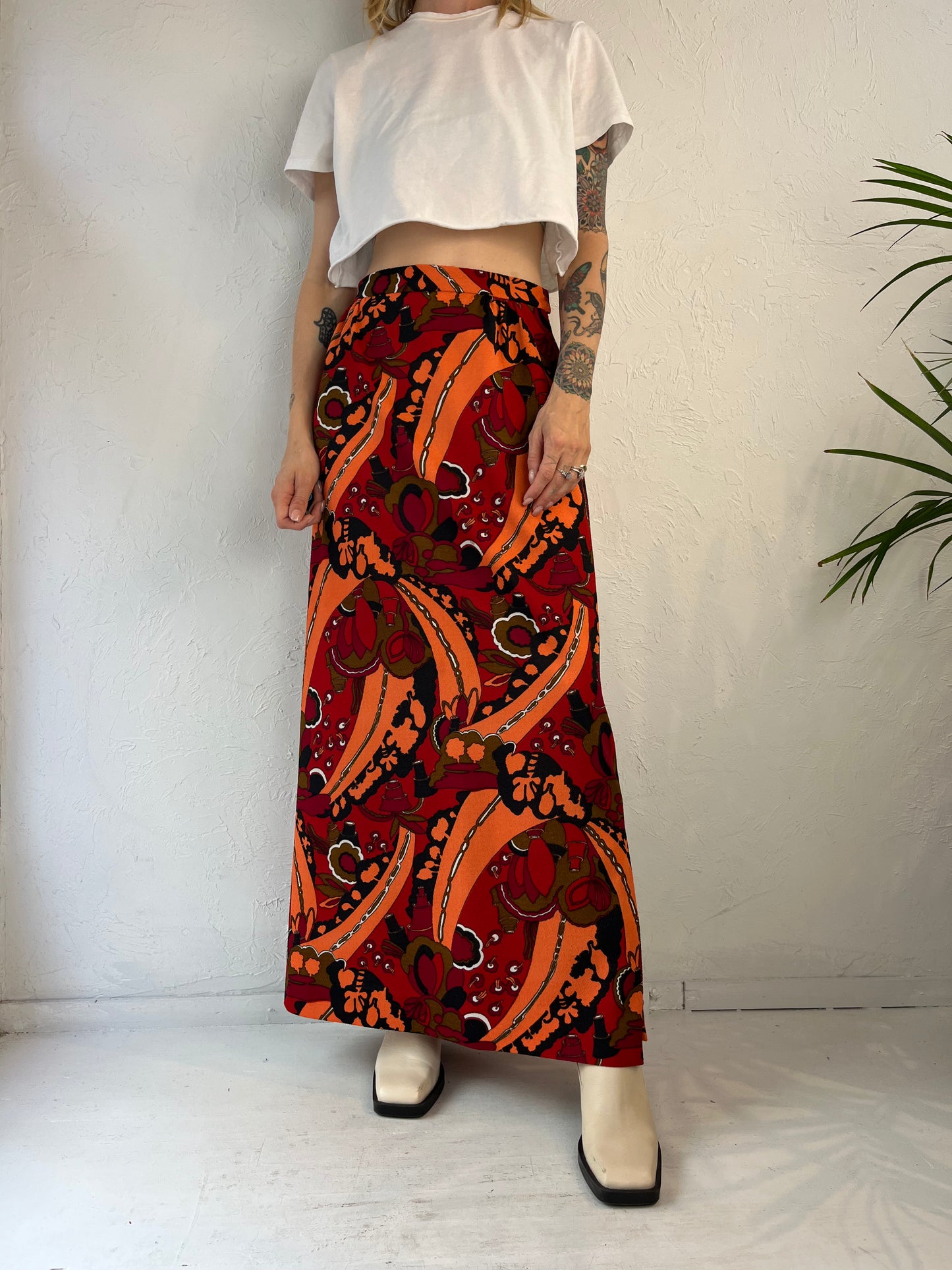 70s Orange Retro Print Midi Skirt / Small