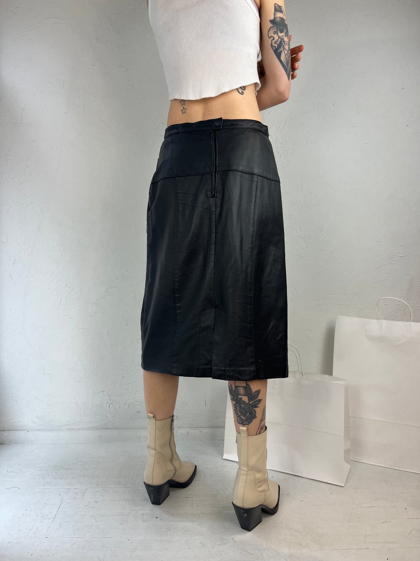 90s Long 100% Leather Skirt with Black Cheetah Accents / Medium-Large