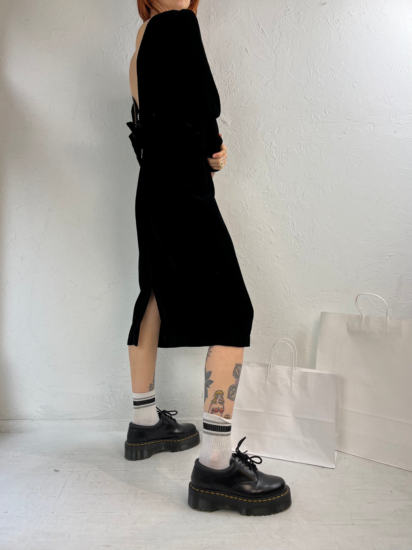 90s 'Orite' Black Backless Velvet Long Sleeve Evening Dress / Medium
