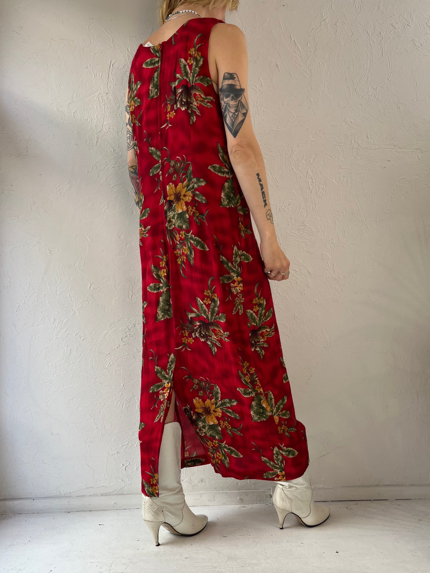 Y2k 'White Stag' Sleeveless Red Hawaiian Print Maxi Dress / Medium