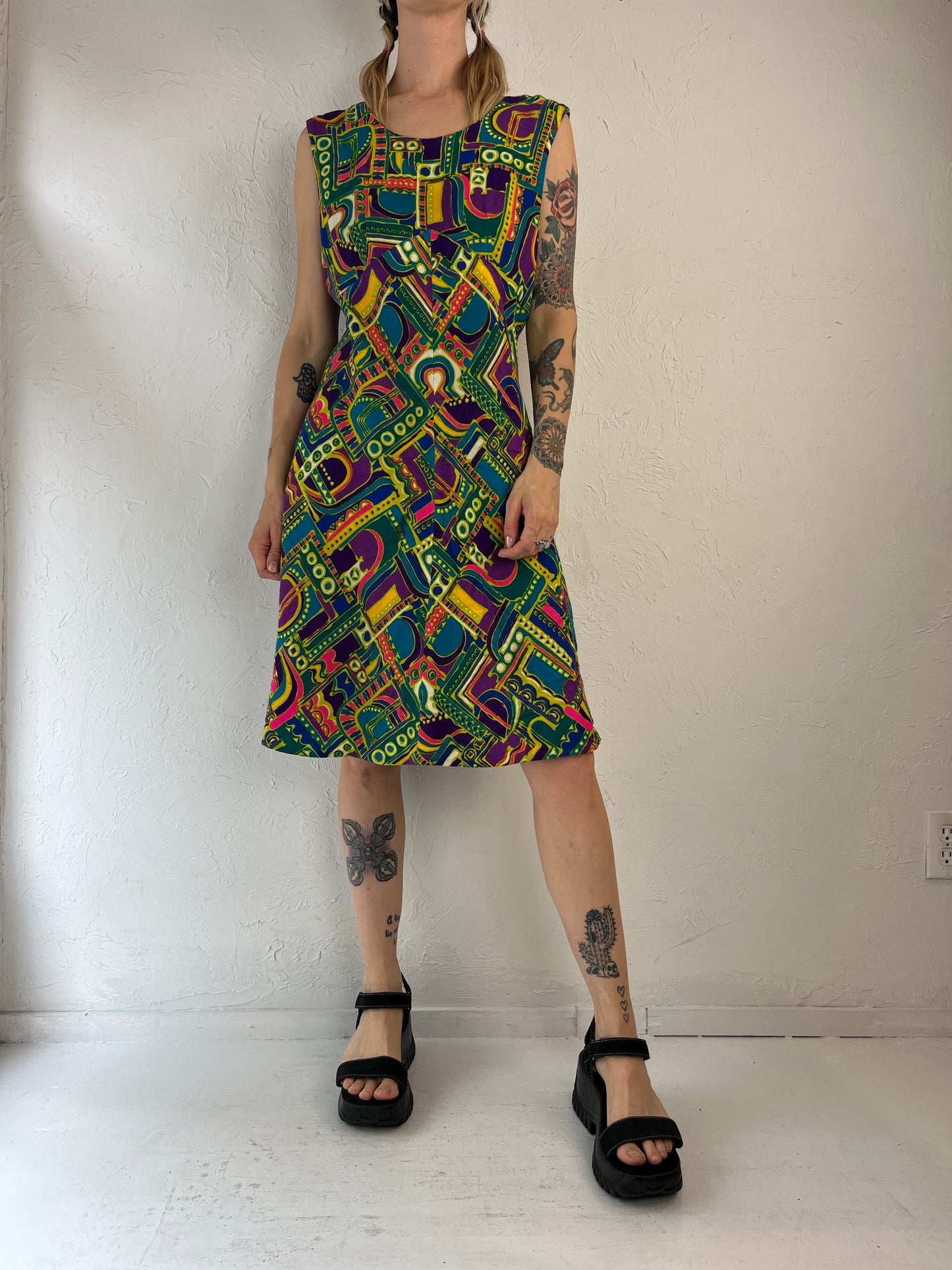 80s Jewel Tone Abstract Print Sleeveless Retro Dress / Medium