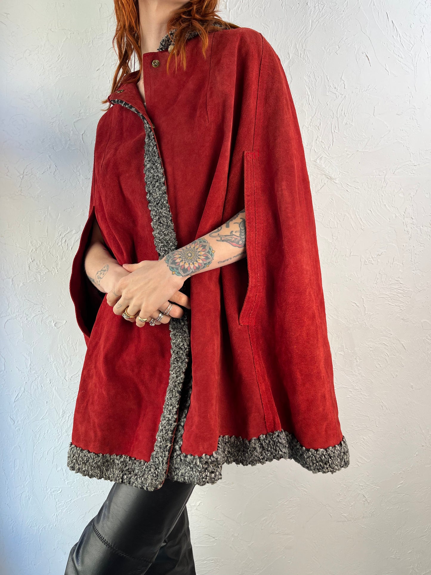 90s 'Gassy Jack' Red Suede Leather Poncho / Small