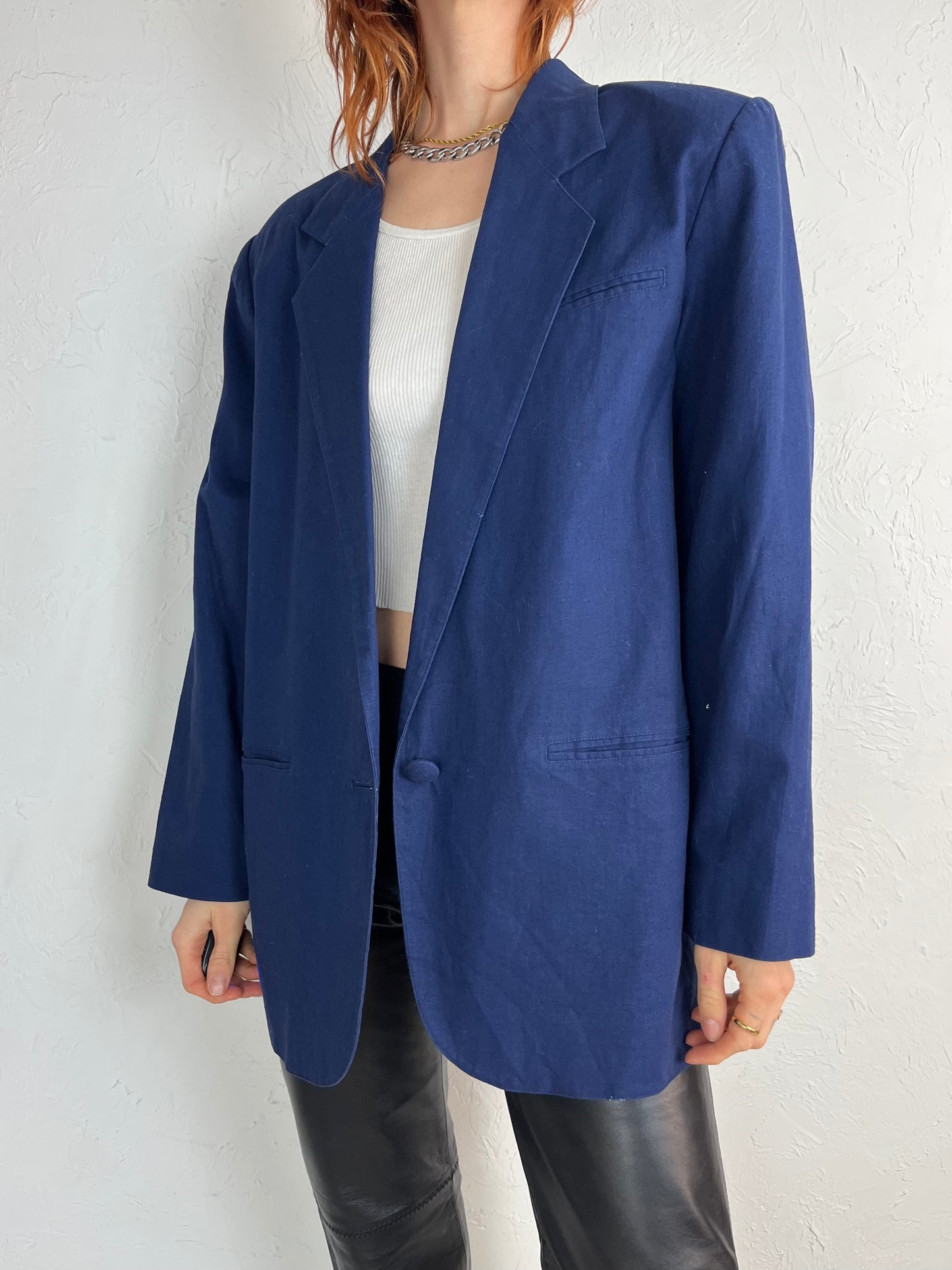 90s 'Nordstrom' Navy Blue Cotton Linen Oversized Blazer / Medium