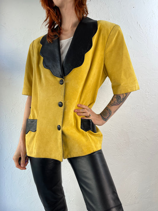 90s 'Danier' Yellow Leather Short Sleeve Jacket / Large