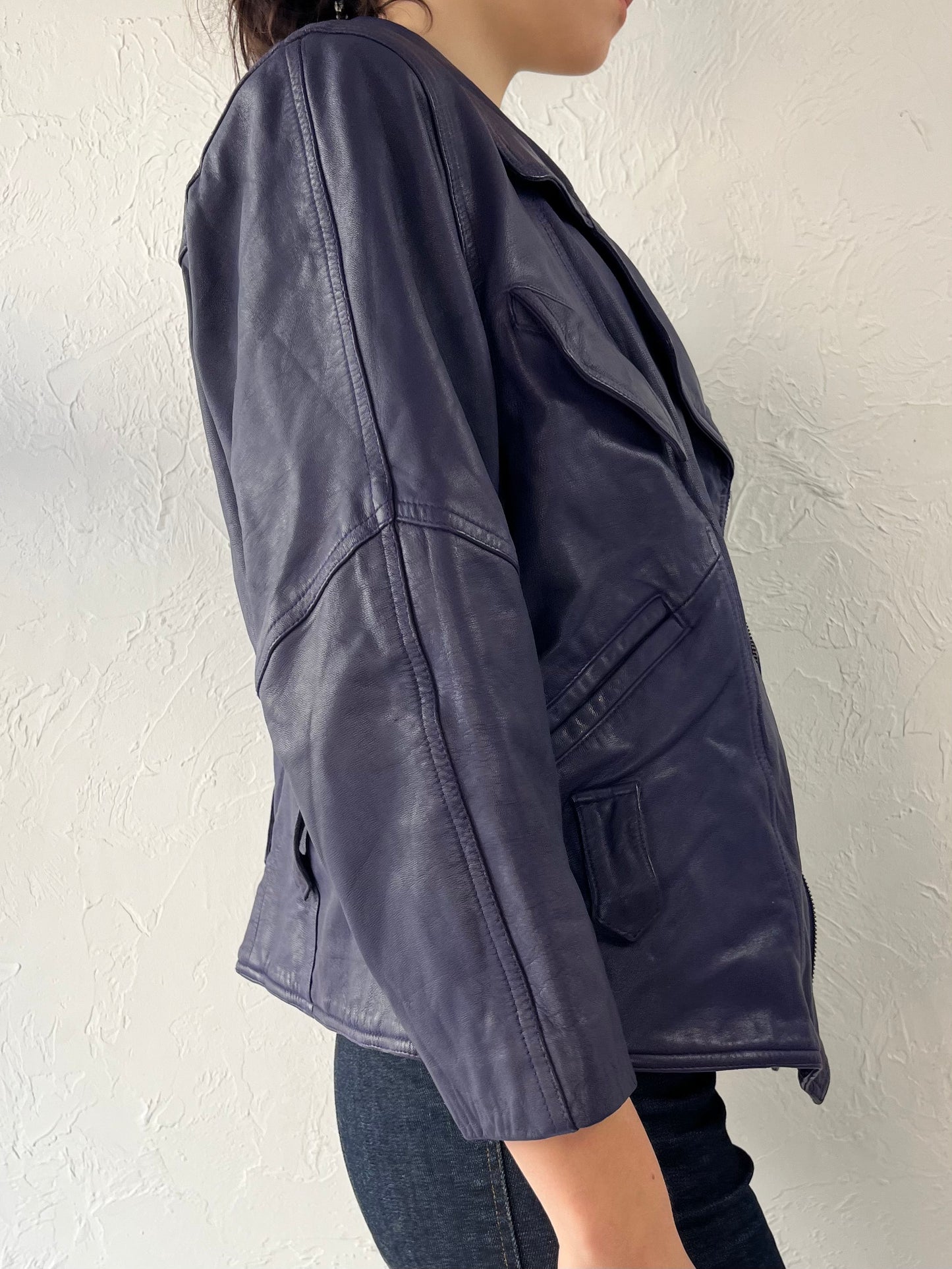 Y2K Dark Purple Leather Moto Jacket / Medium