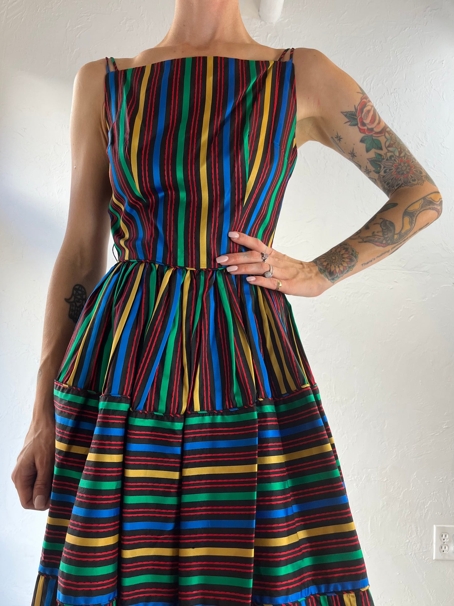 50s 60s 'Maggi Stover' Rainbow Striped Sleeveless A Line Dress / XS - Small