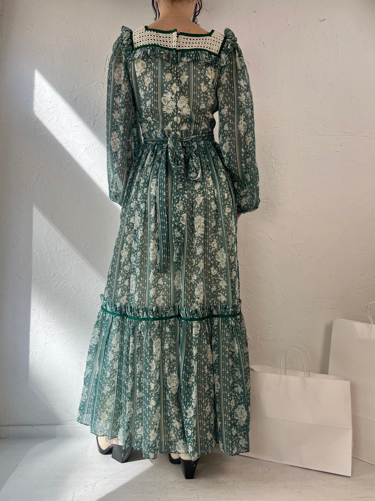 70s 'Candi Jones' Green Peasant Prairie Maxi Dress / Small