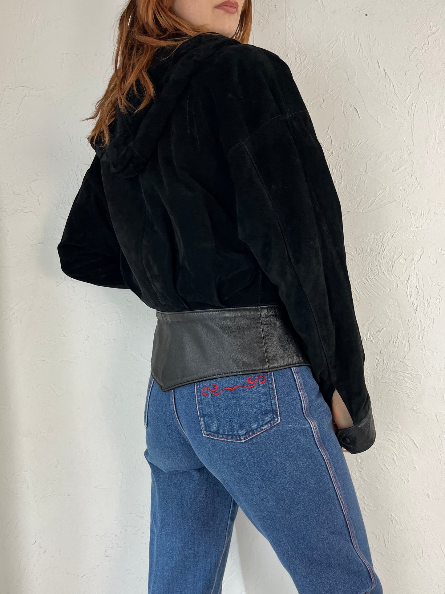 90s 'Leather Ranch' Black Suede Leather Hooded Bomber Jacket /  Small