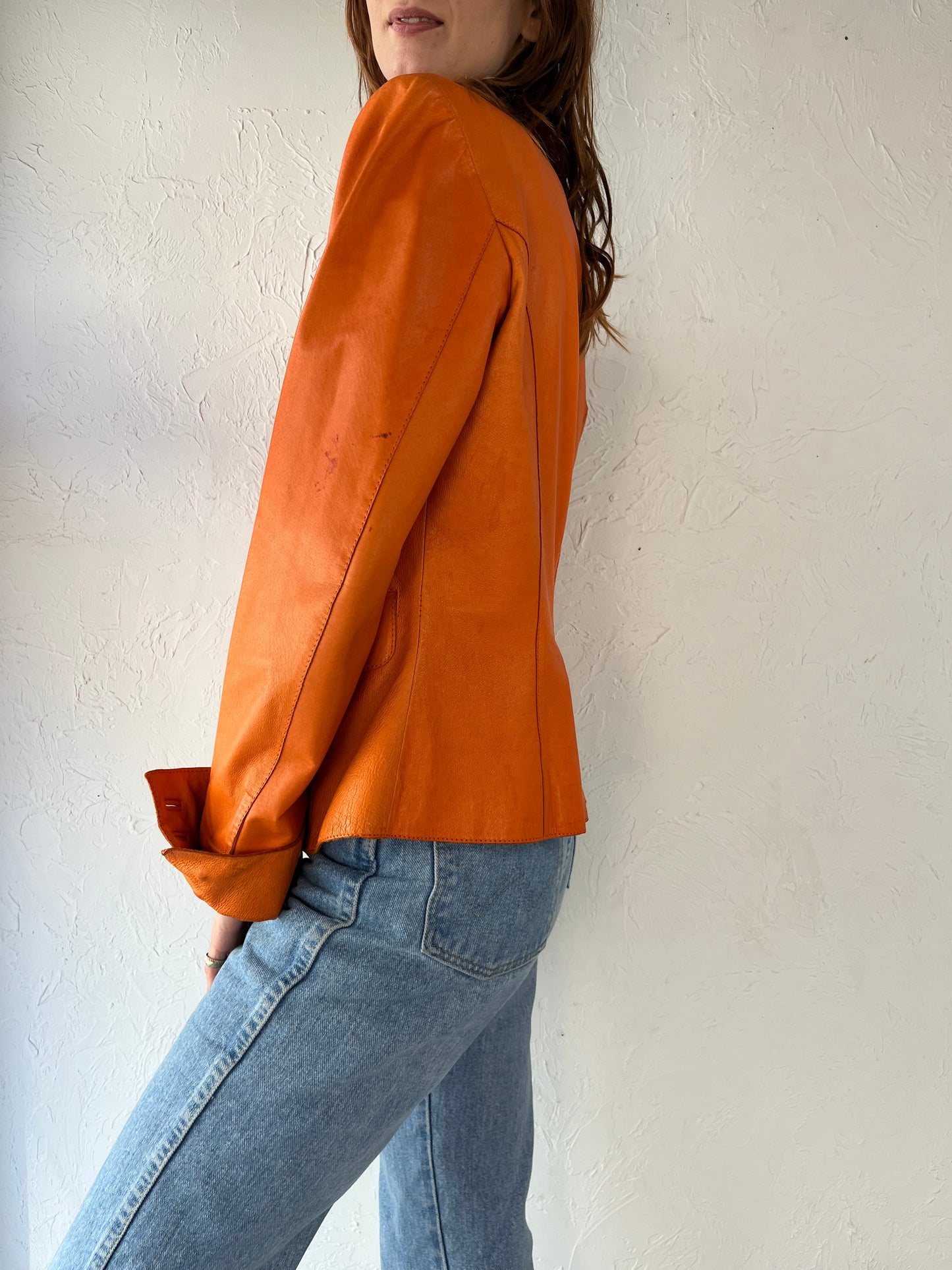 Y2K 'Danier' Orange Leather Blazer Jacket / Small