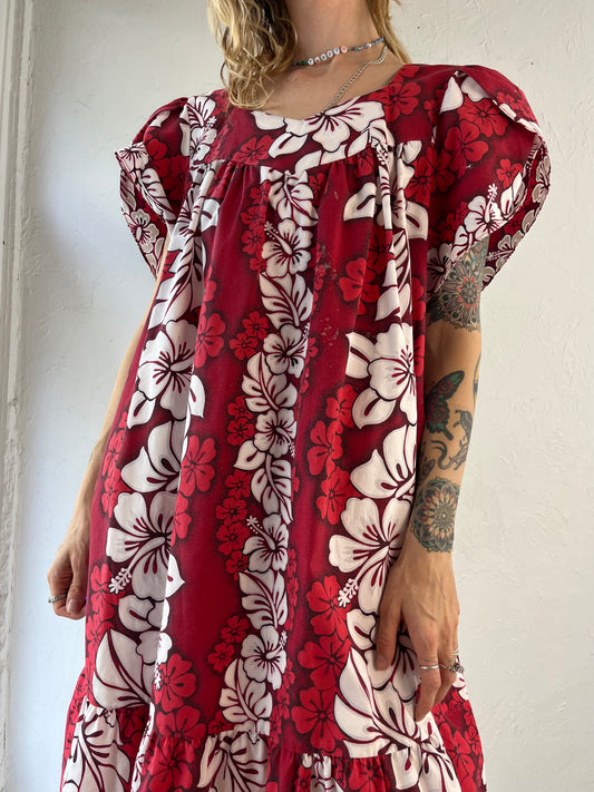 90s Red Tropical Print Hawaiian Mumu Dress / Large