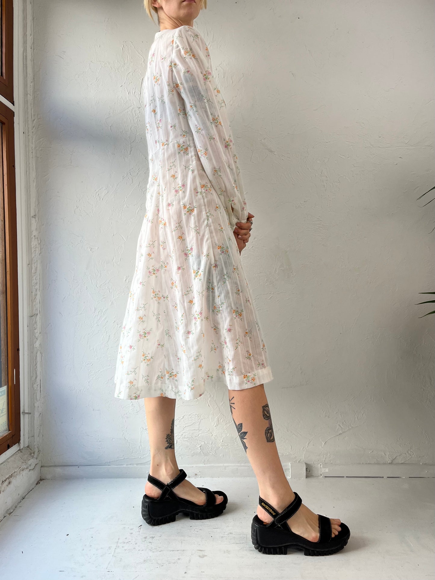 80s Floral Print Handmade Sheer Long Sleeve Cottage Core Midi Dress / Small