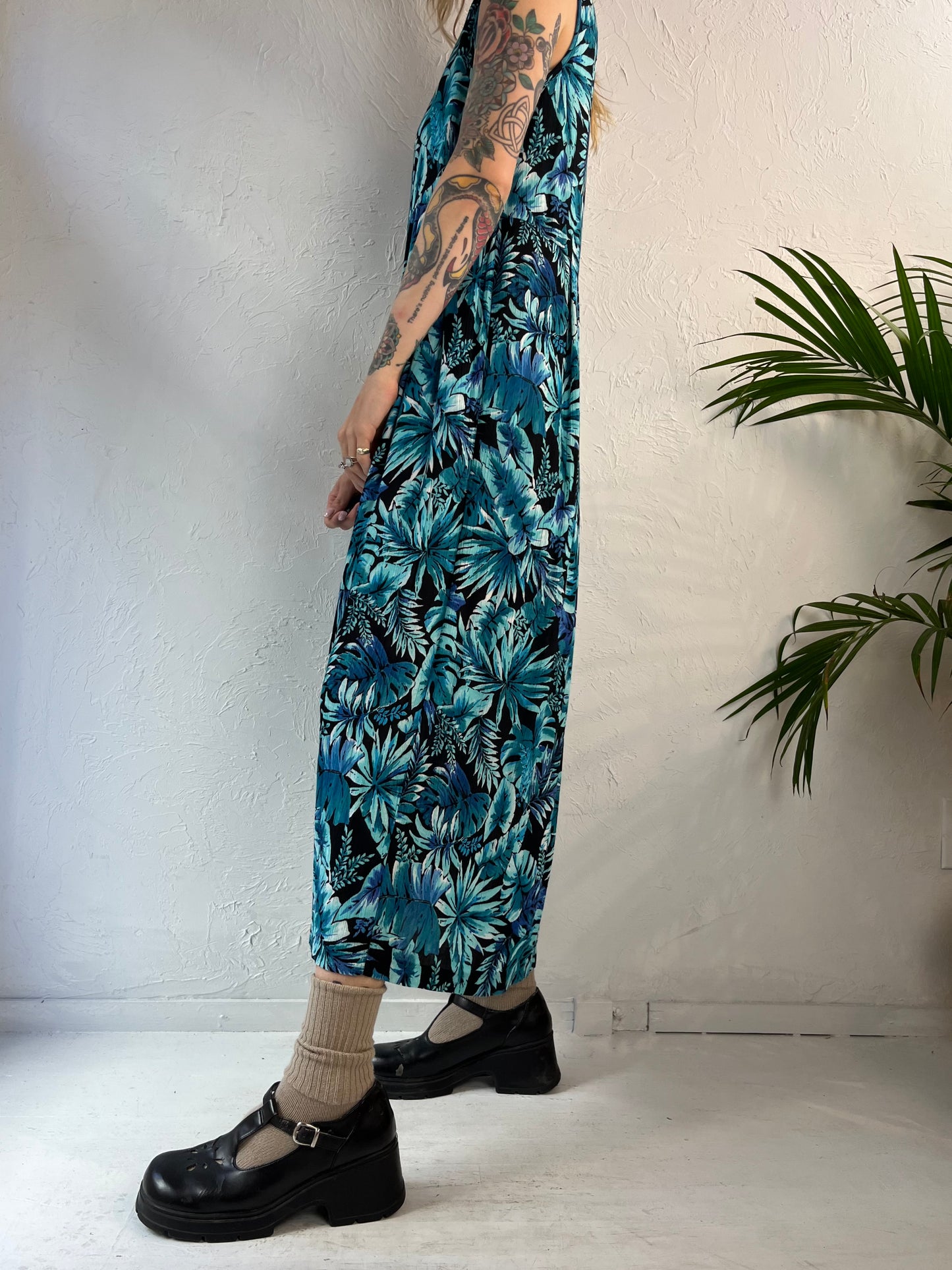 90s 'All That Jazz' Blue Floral Print Rayon Dress / Medium