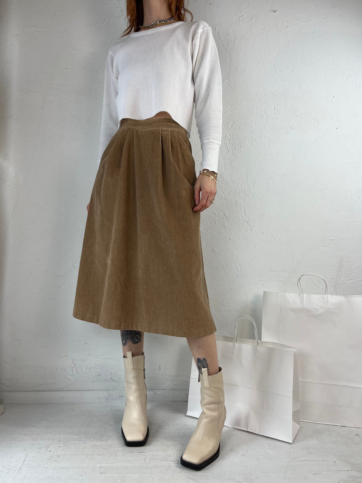 70s 'Mister Leonard' Beige Corduroy Midi Skirt / Small