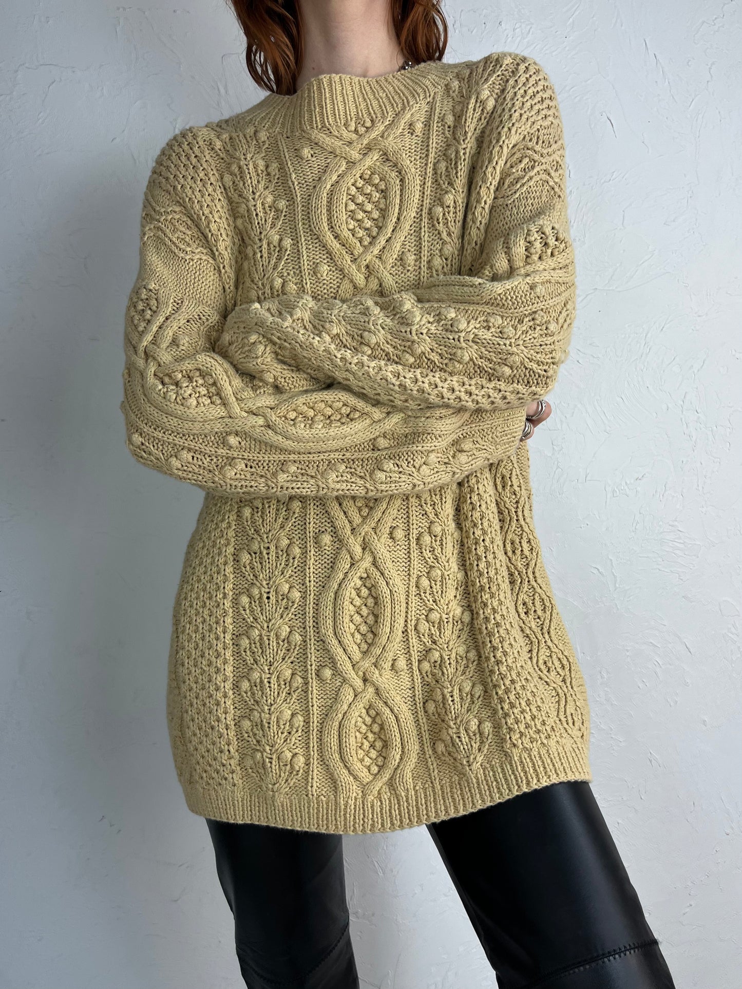 90s 'Express' Beige Cotton Ramie Oversized Knit Sweater / Small