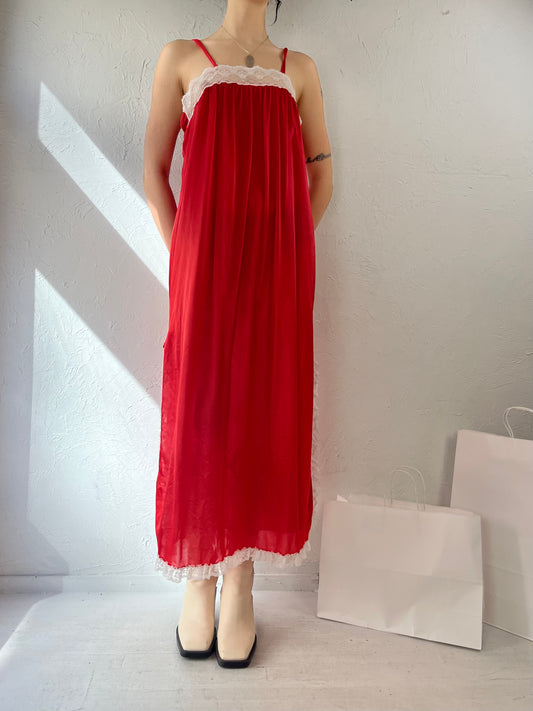70s Red Nylon Long Slip Dress / Lace Lingerie / Union Made / Small