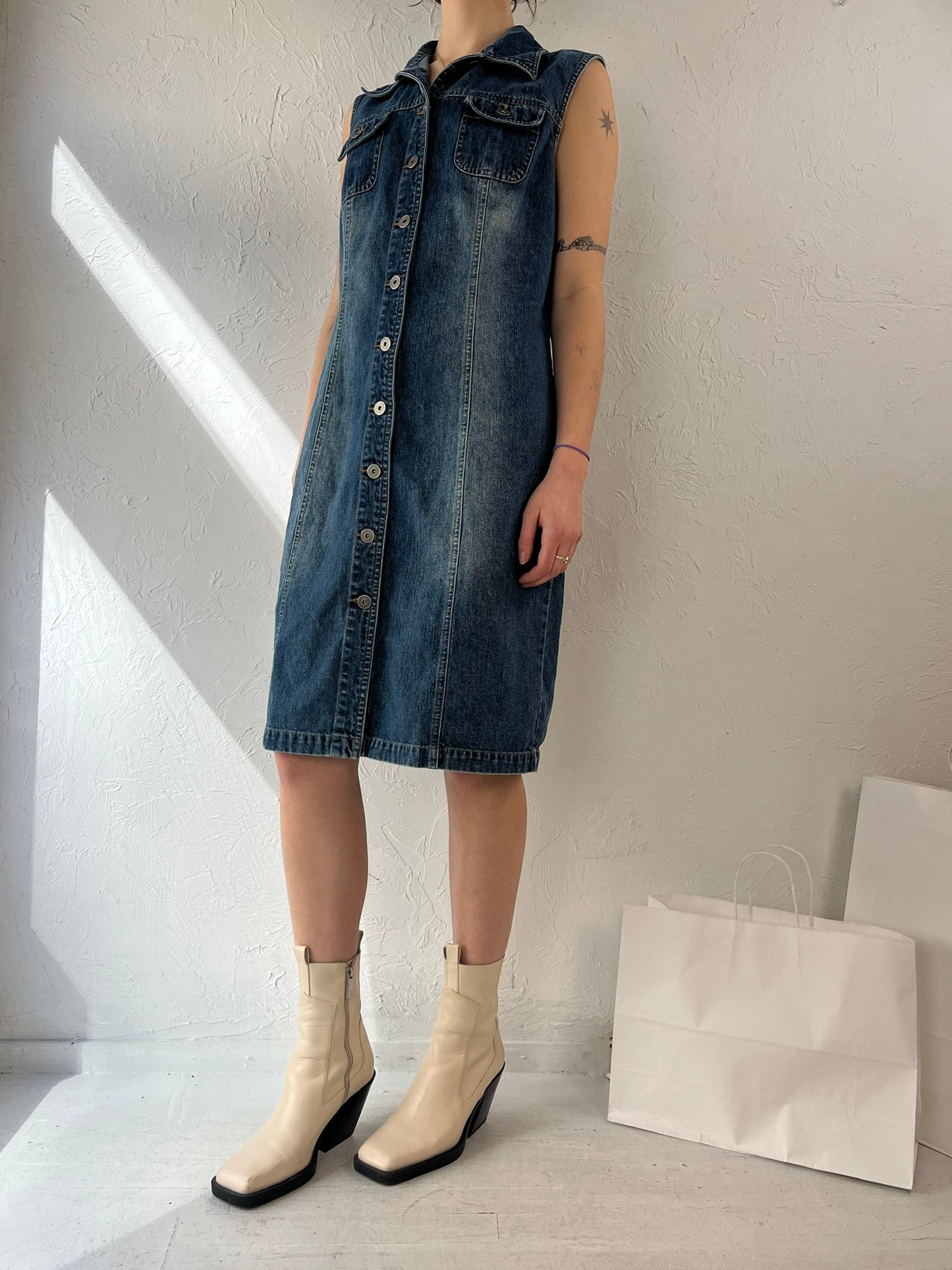 90s 'Contrast' Collared Sleeveless Denim Midi Dress / Medium