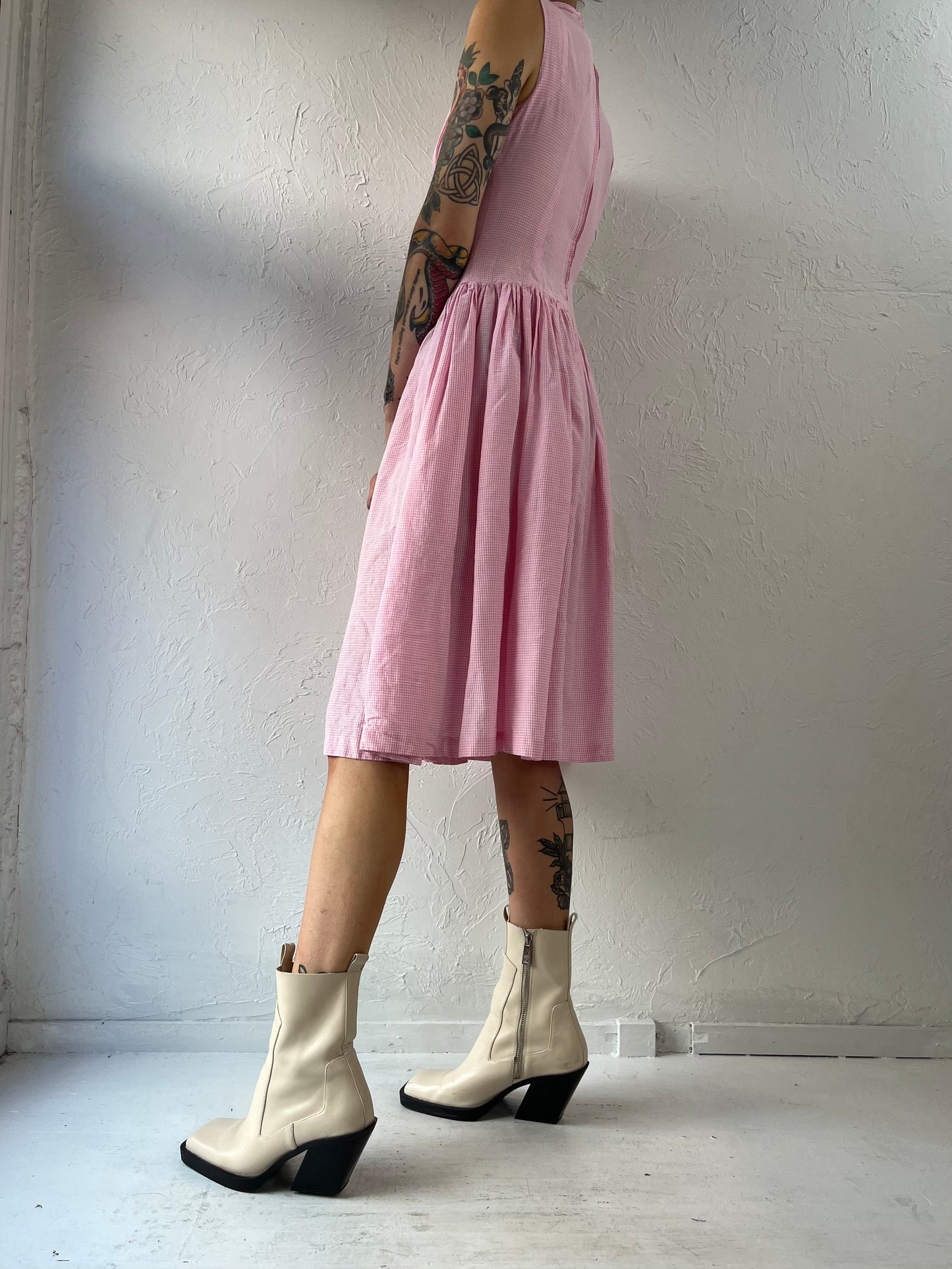 50s 60s Handmade Pink Gingham Sleeveless Dress / XS