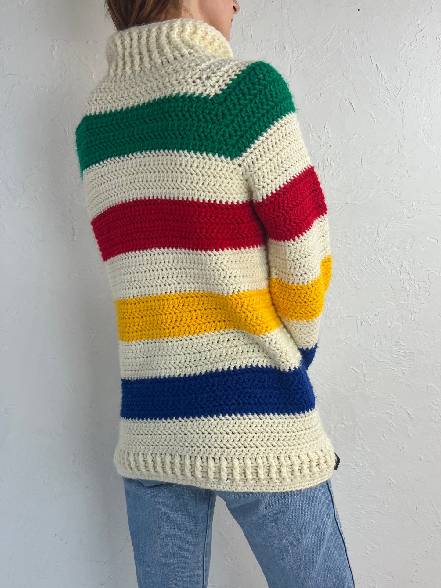 Vintage Hand Knit Striped Cardigan Sweater / Small