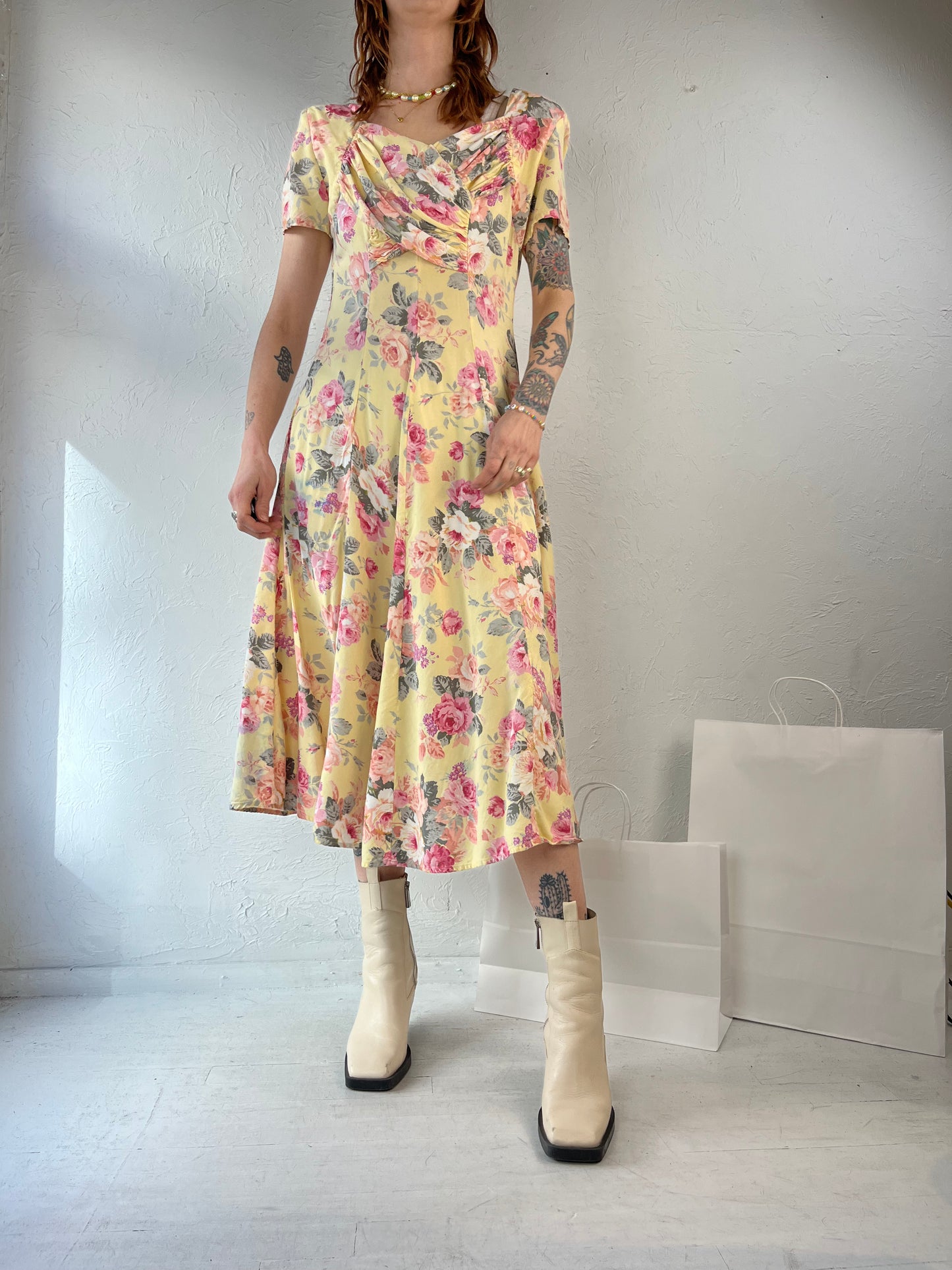 90s 'QPS' Yellow Floral Print Rayon Day Dress / Small