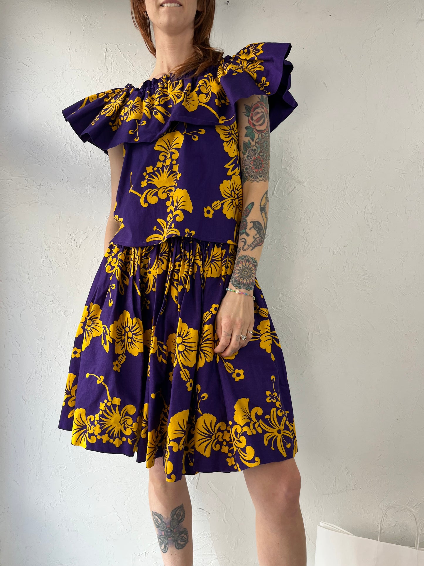 90s Purple Floral Handmade Two Piece Skirt Set / Small
