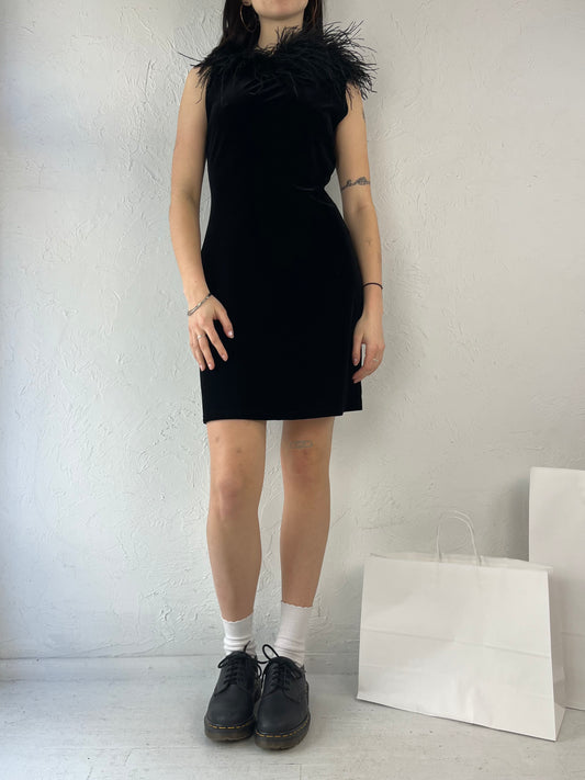 90s 'Silver State' Black Velvet Mini Dress w/ Feather Collar / Small - Medium