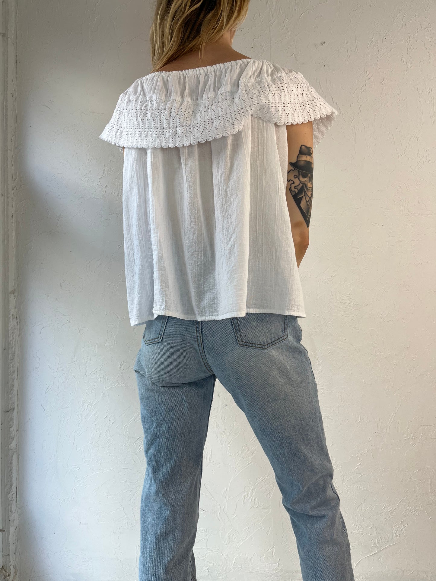 90s White Cotton Gauze Crochet Hippie Top / Small