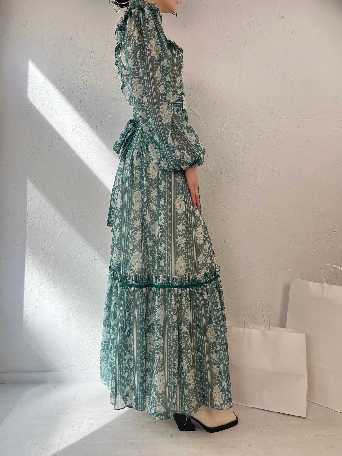 70s 'Candi Jones' Green Peasant Prairie Maxi Dress / Small