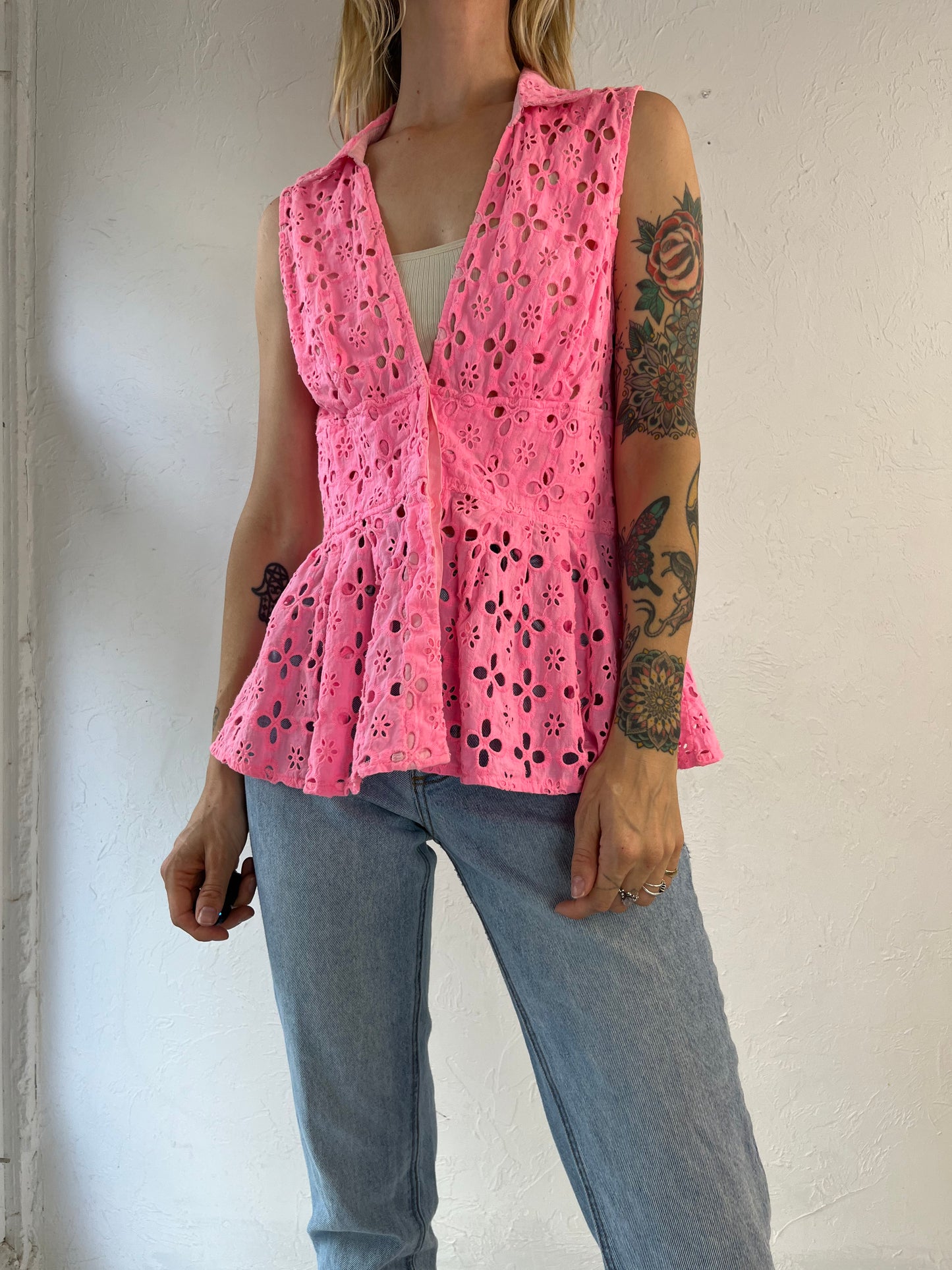 Y2k 'Guess' Hot Pink Flower Sleeveless Top / Large