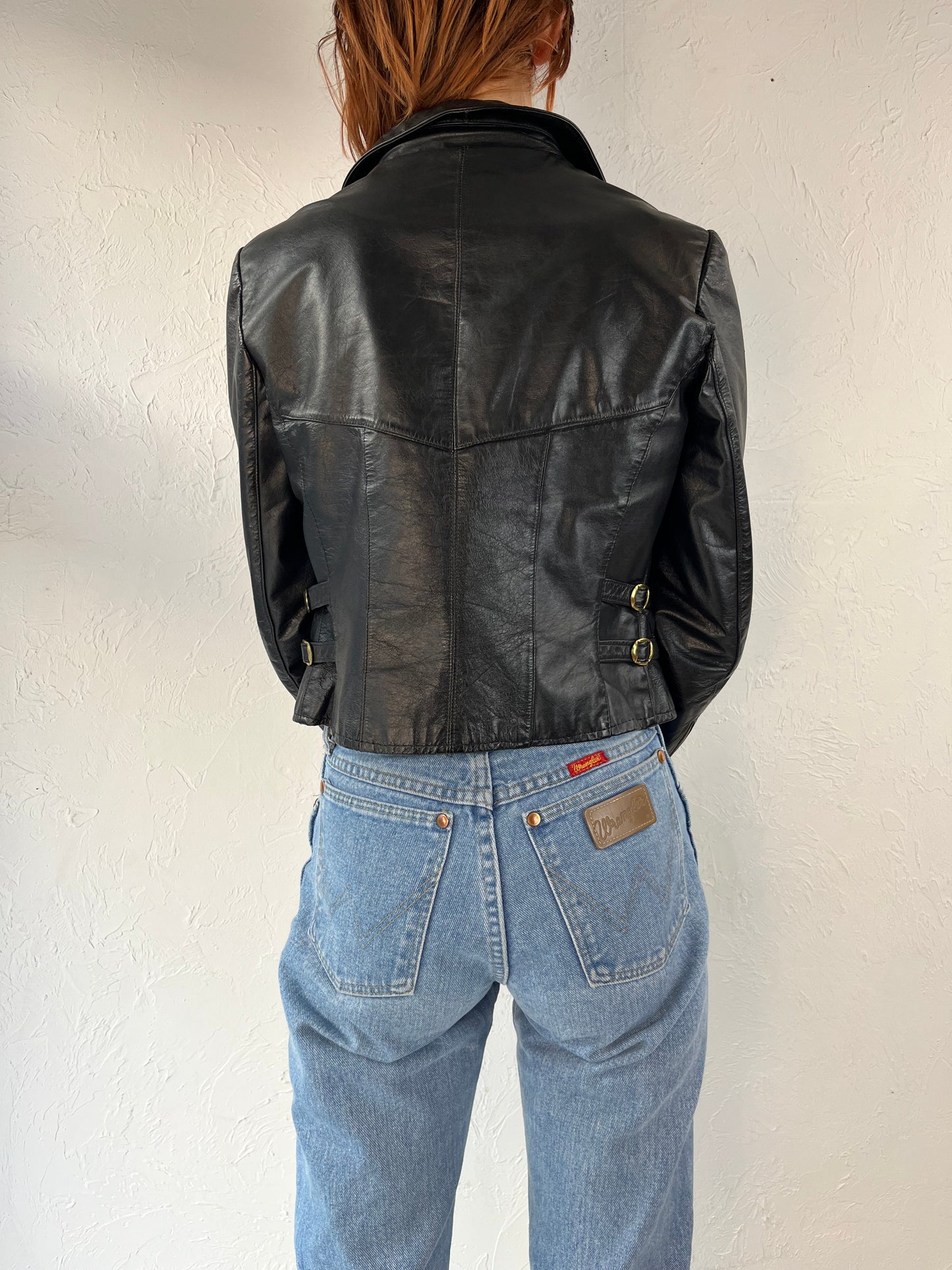 90s Black Leather Moto Jacket / Small