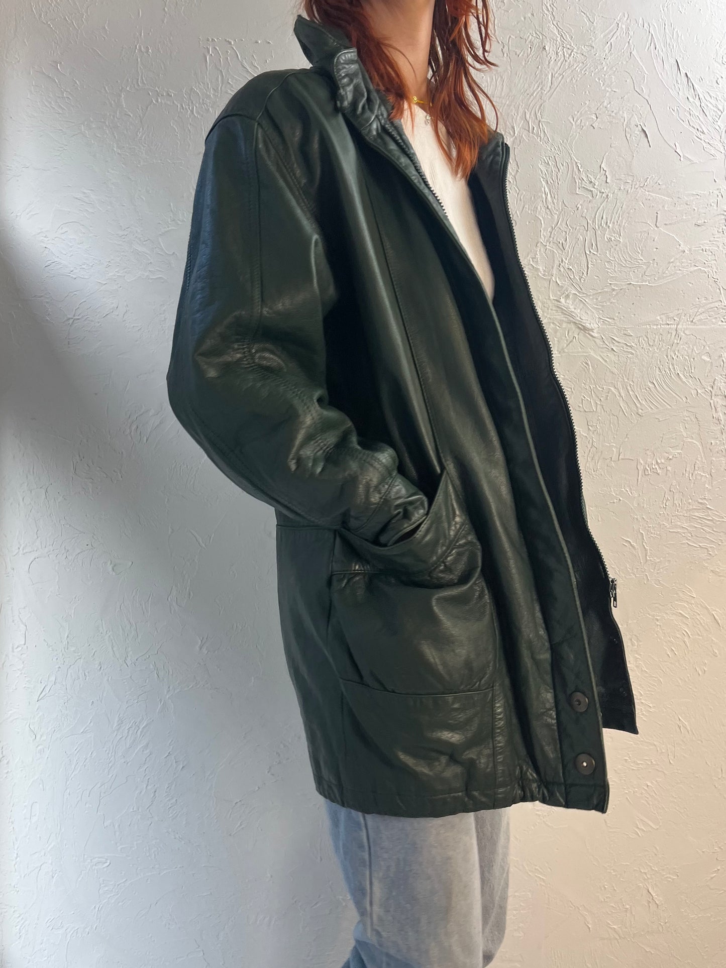 Y2K 'Jaqueline Ferrar' Green Leather Jacket / Small