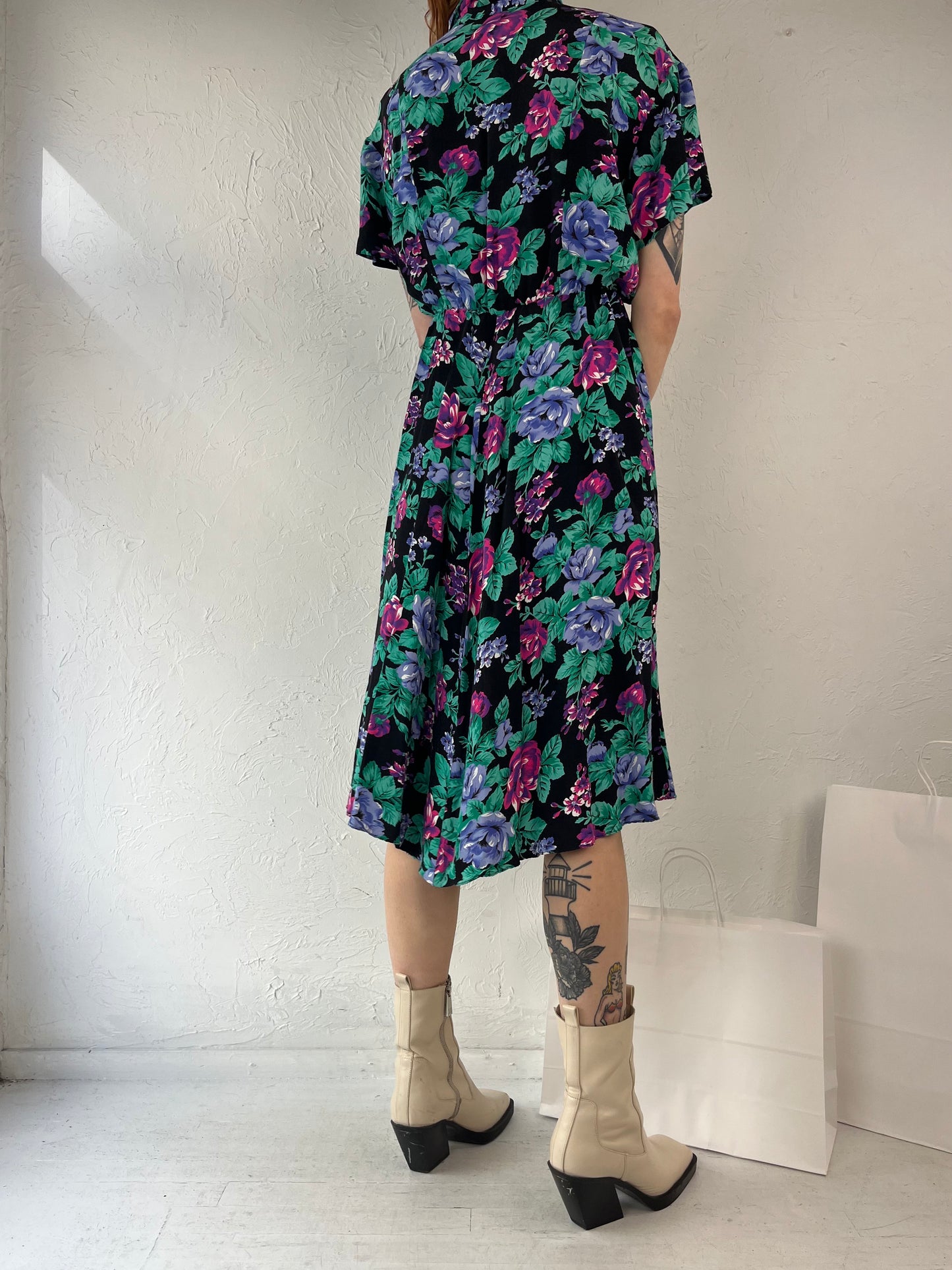 90s 'Nina Piccalino' Black Floral Print Rayon Dress / Small