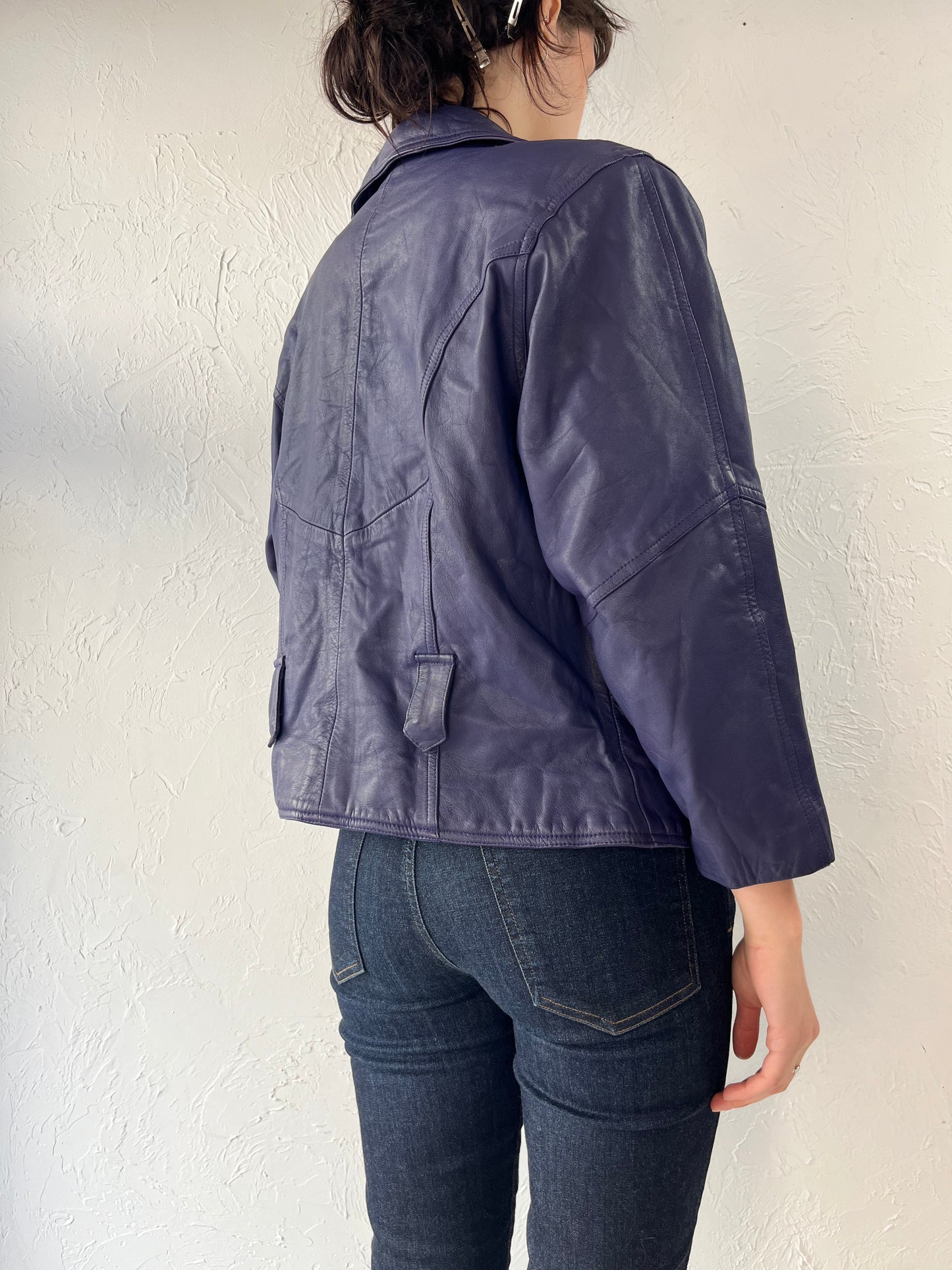 Y2K Dark Purple Leather Moto Jacket / Medium
