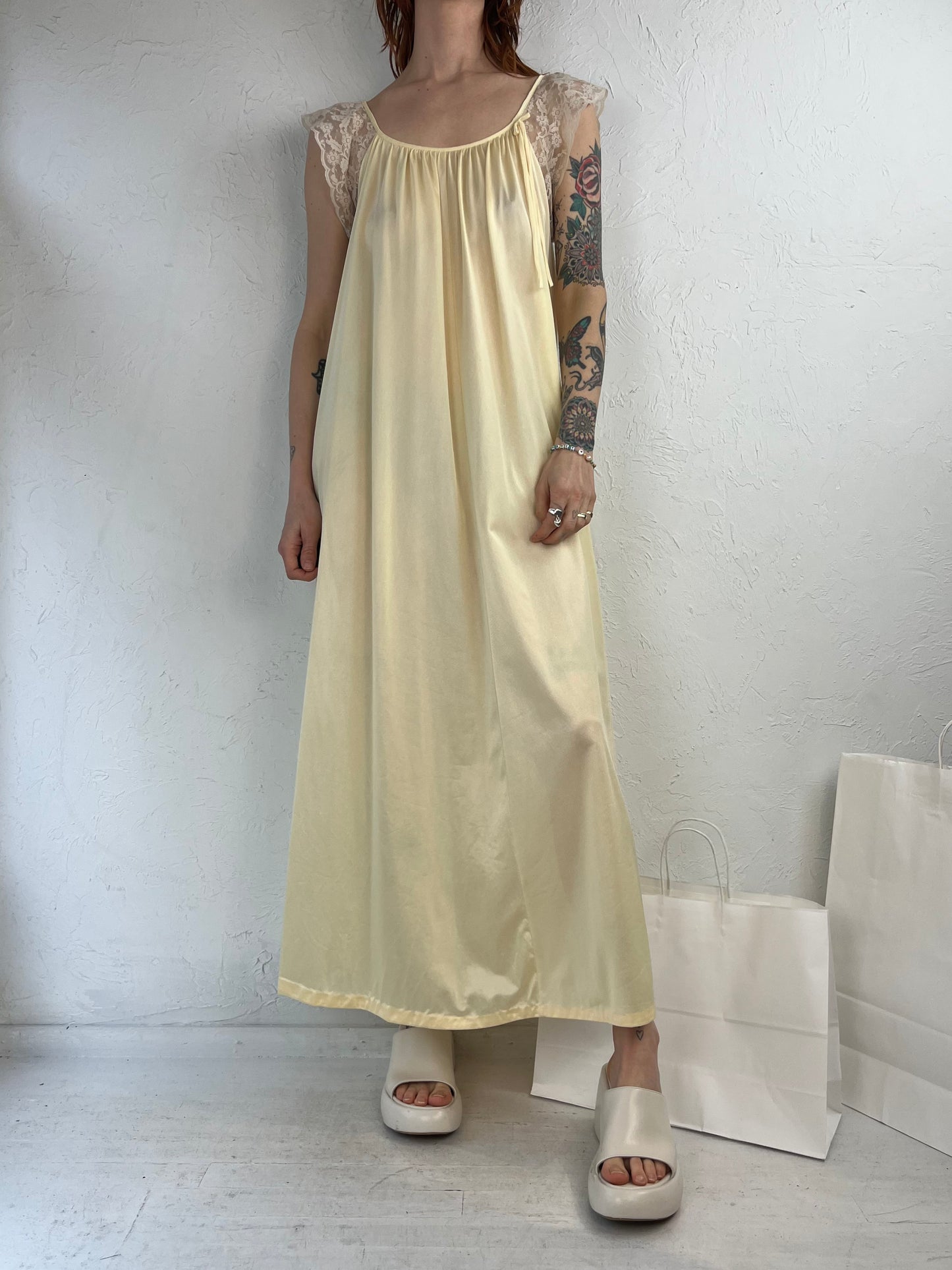 80s 'French Maid' Yellow Nylon Night Gown / Medium