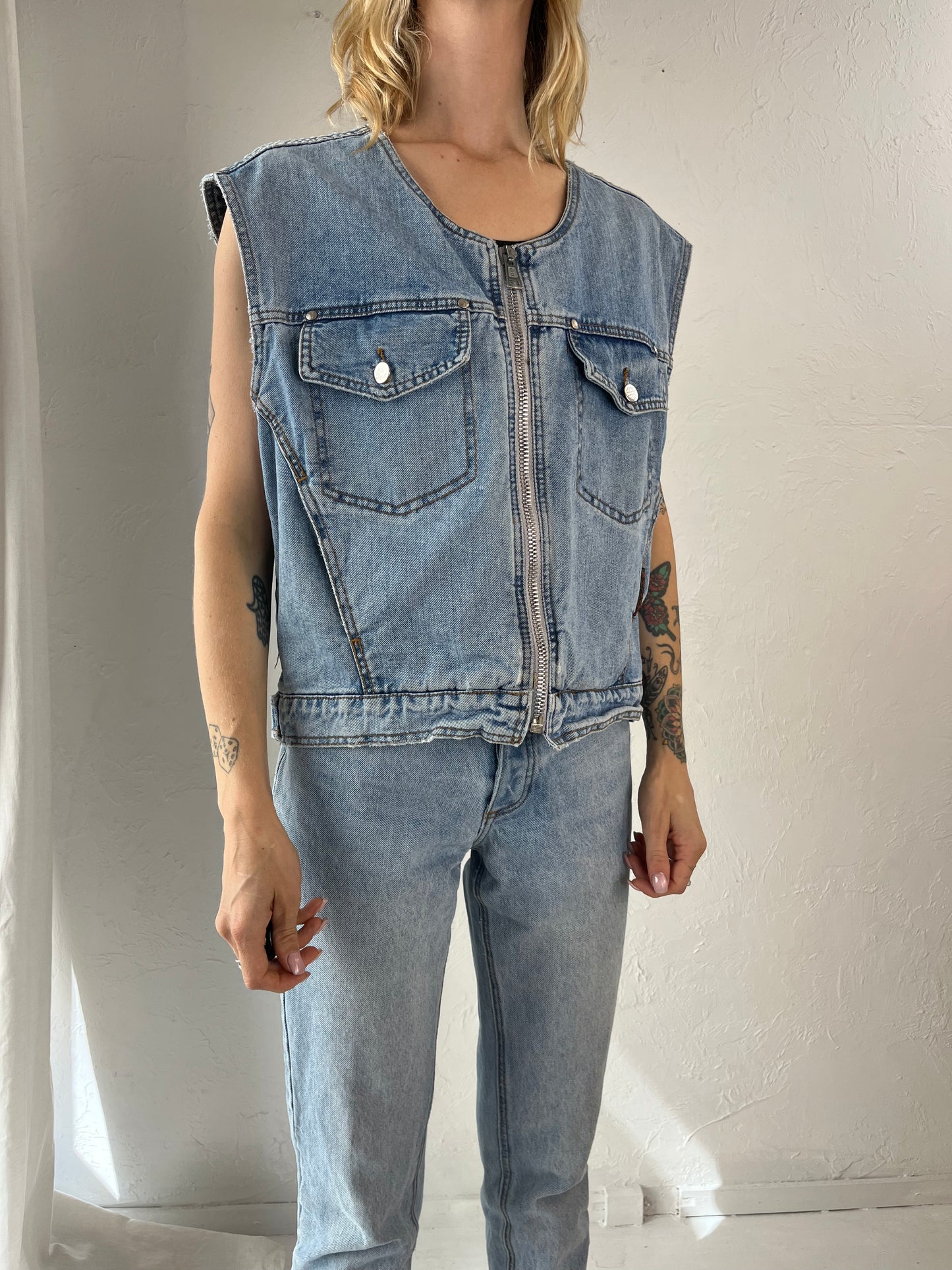 90s 'Harley Davidson' Zip Up Denim Vest / Small