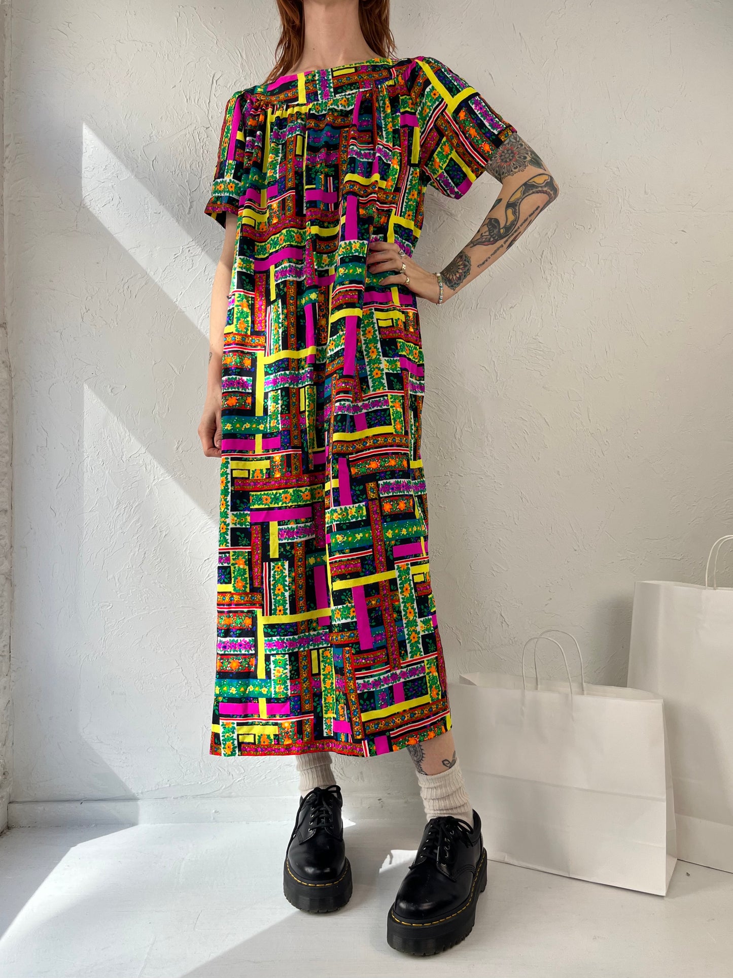 70s Handmade Abstract Print Mumu Dress / Small